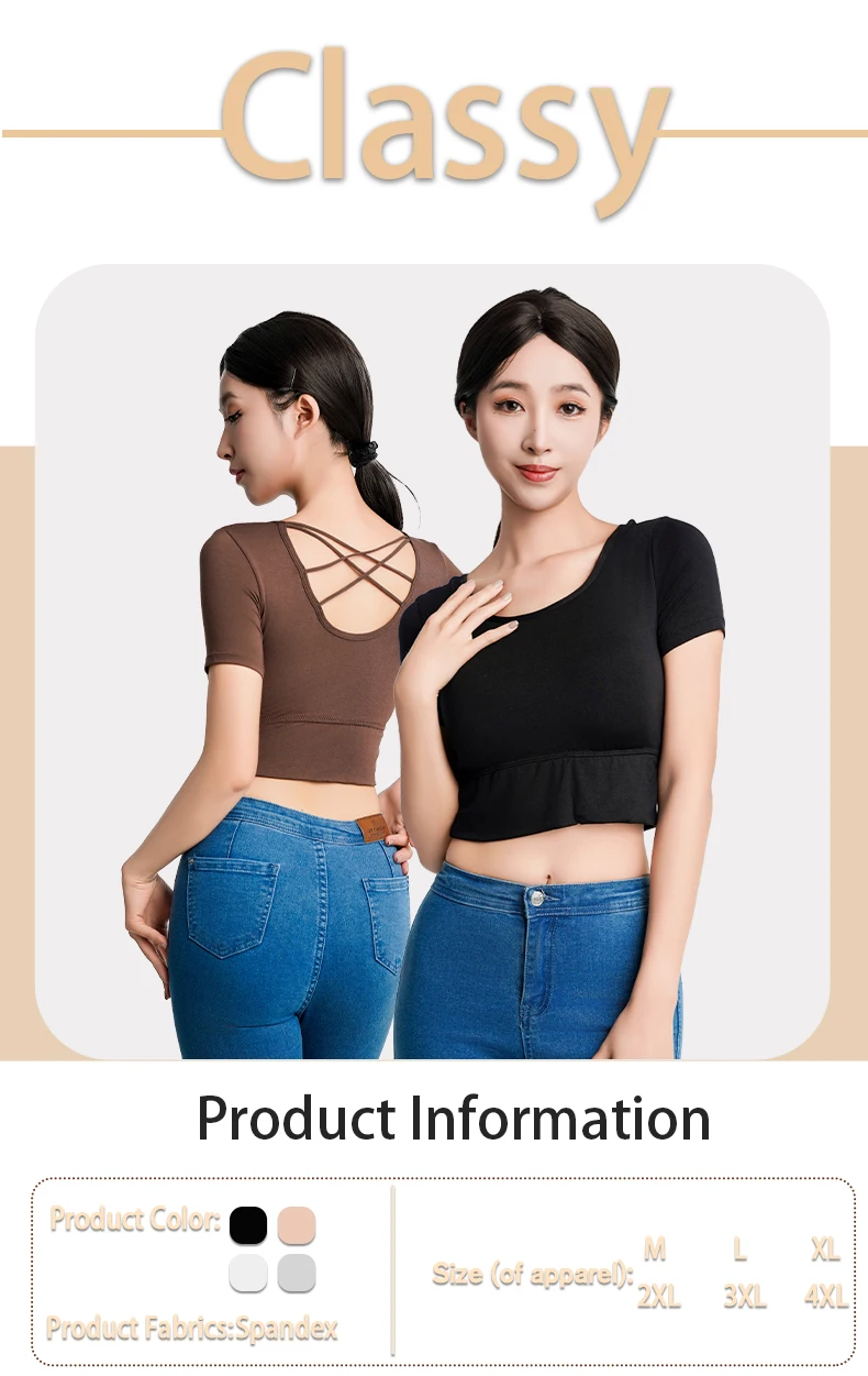 2024 Women Sexy Short Sleeve Crop Tops Crewneck T-Shirt Built In Bra Streetwear Backless Fashion Tank Slim Fitted Casual Y2K Tee