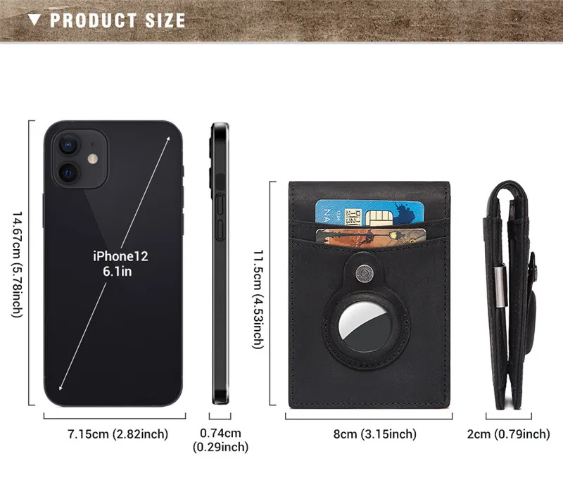 YKOSM Retro Luxury Genuine Leather Airtags Wallet RFID Blocking ID Credit Card Bag Business Men Cash Clip Anti-lost Card Holder