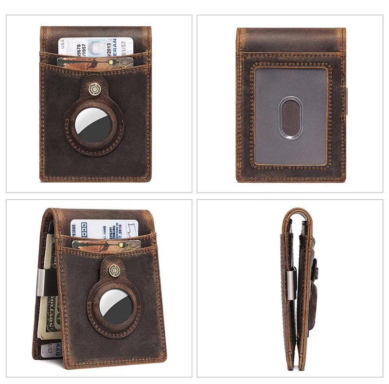 YKOSM Retro Luxury Genuine Leather Airtags Wallet RFID Blocking ID Credit Card Bag Business Men Cash Clip Anti-lost Card Holder