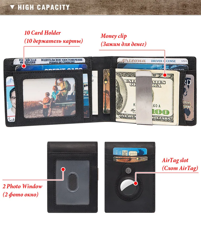 YKOSM Retro Luxury Genuine Leather Airtags Wallet RFID Blocking ID Credit Card Bag Business Men Cash Clip Anti-lost Card Holder