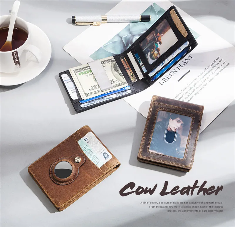 YKOSM Retro Luxury Genuine Leather Airtags Wallet RFID Blocking ID Credit Card Bag Business Men Cash Clip Anti-lost Card Holder