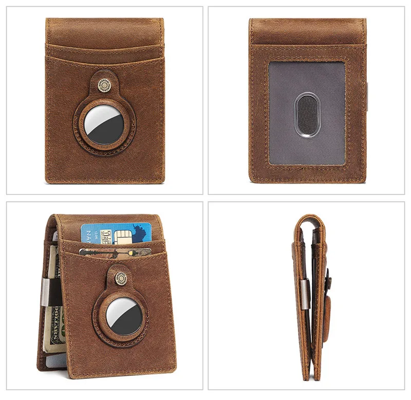 YKOSM Retro Luxury Genuine Leather Airtags Wallet RFID Blocking ID Credit Card Bag Business Men Cash Clip Anti-lost Card Holder