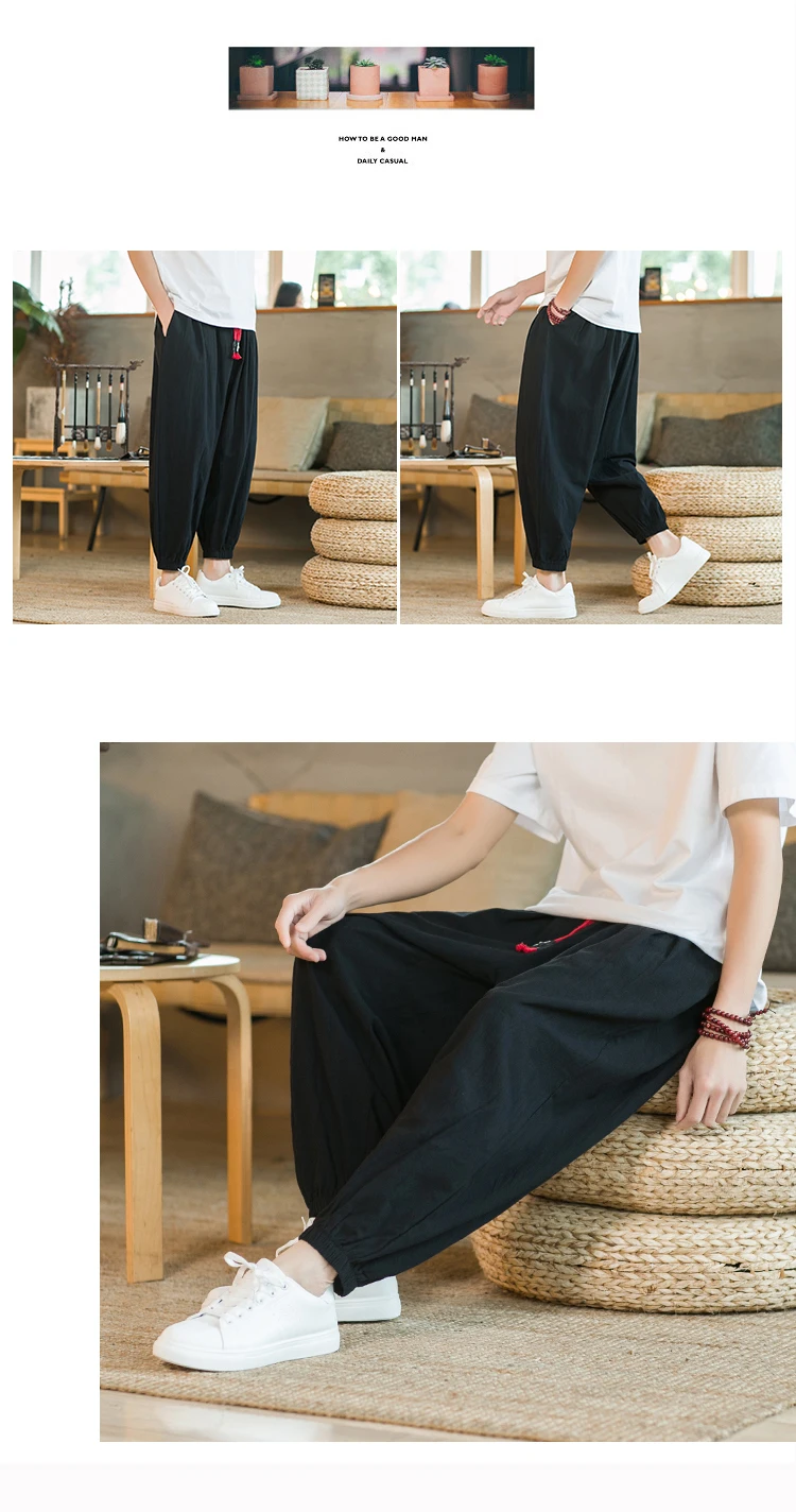 2024 M-5XL Spring and Autumn New Men's Cotton and Hemp Pants Loose Drawstring Lantern Pants Haren Pants Japanese Casual Pants