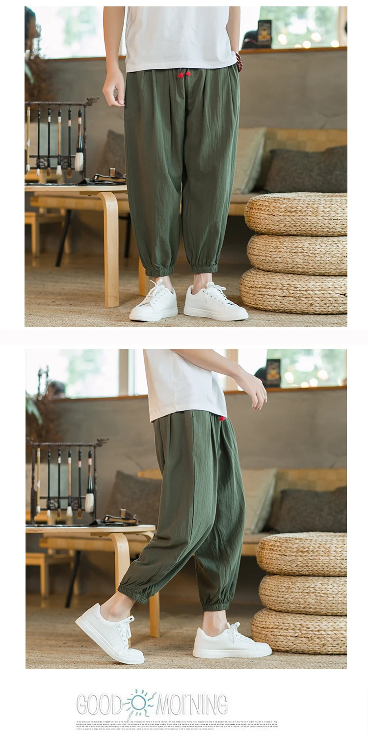 2024 M-5XL Spring and Autumn New Men's Cotton and Hemp Pants Loose Drawstring Lantern Pants Haren Pants Japanese Casual Pants
