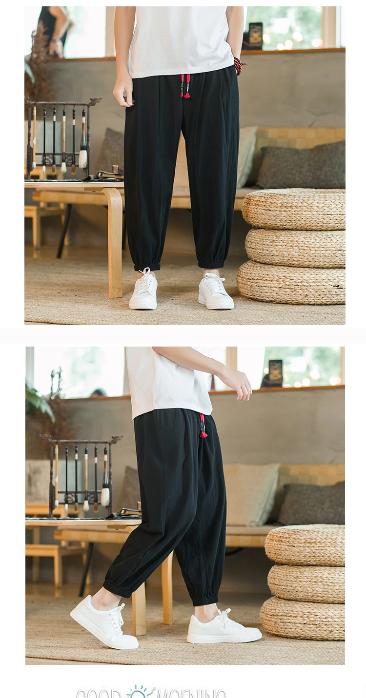 2024 M-5XL Spring and Autumn New Men's Cotton and Hemp Pants Loose Drawstring Lantern Pants Haren Pants Japanese Casual Pants