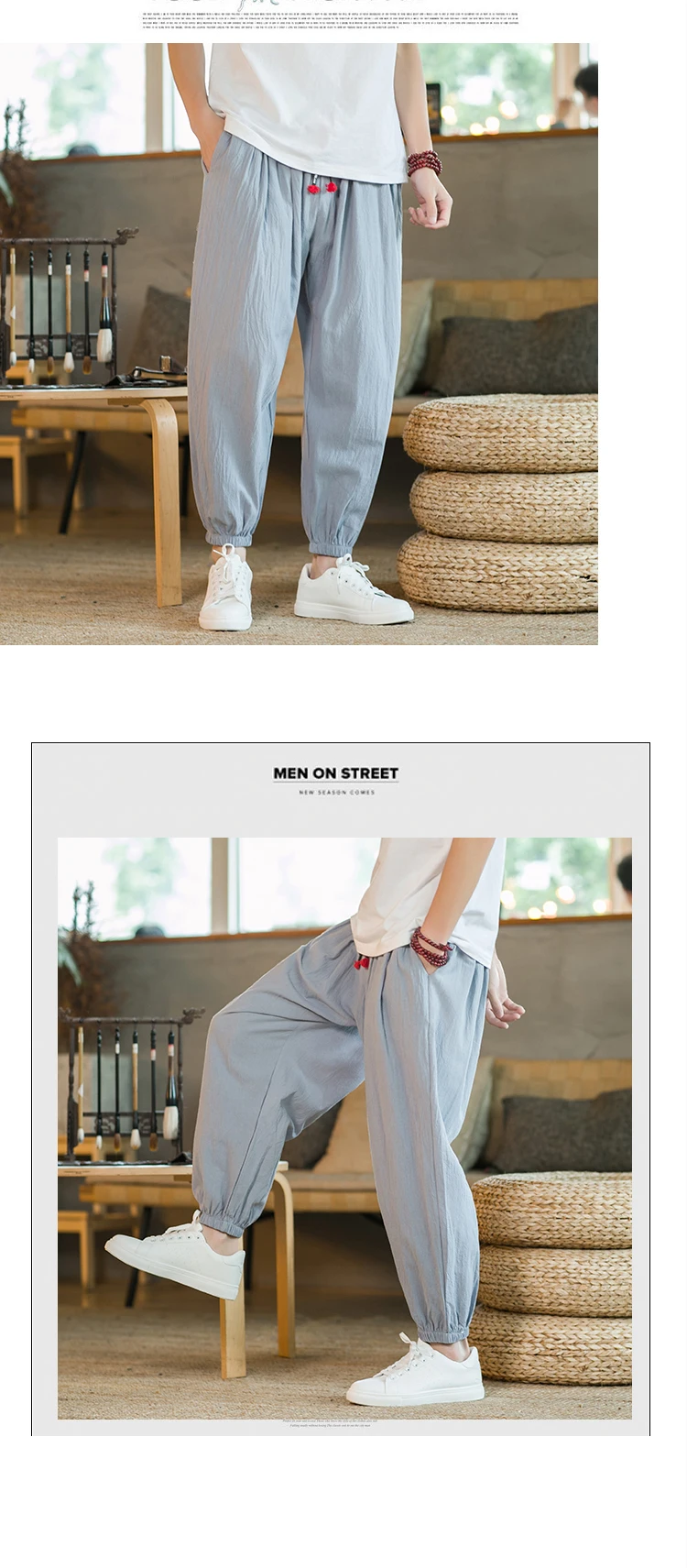 2024 M-5XL Spring and Autumn New Men's Cotton and Hemp Pants Loose Drawstring Lantern Pants Haren Pants Japanese Casual Pants
