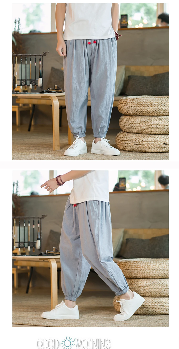 2024 M-5XL Spring and Autumn New Men's Cotton and Hemp Pants Loose Drawstring Lantern Pants Haren Pants Japanese Casual Pants