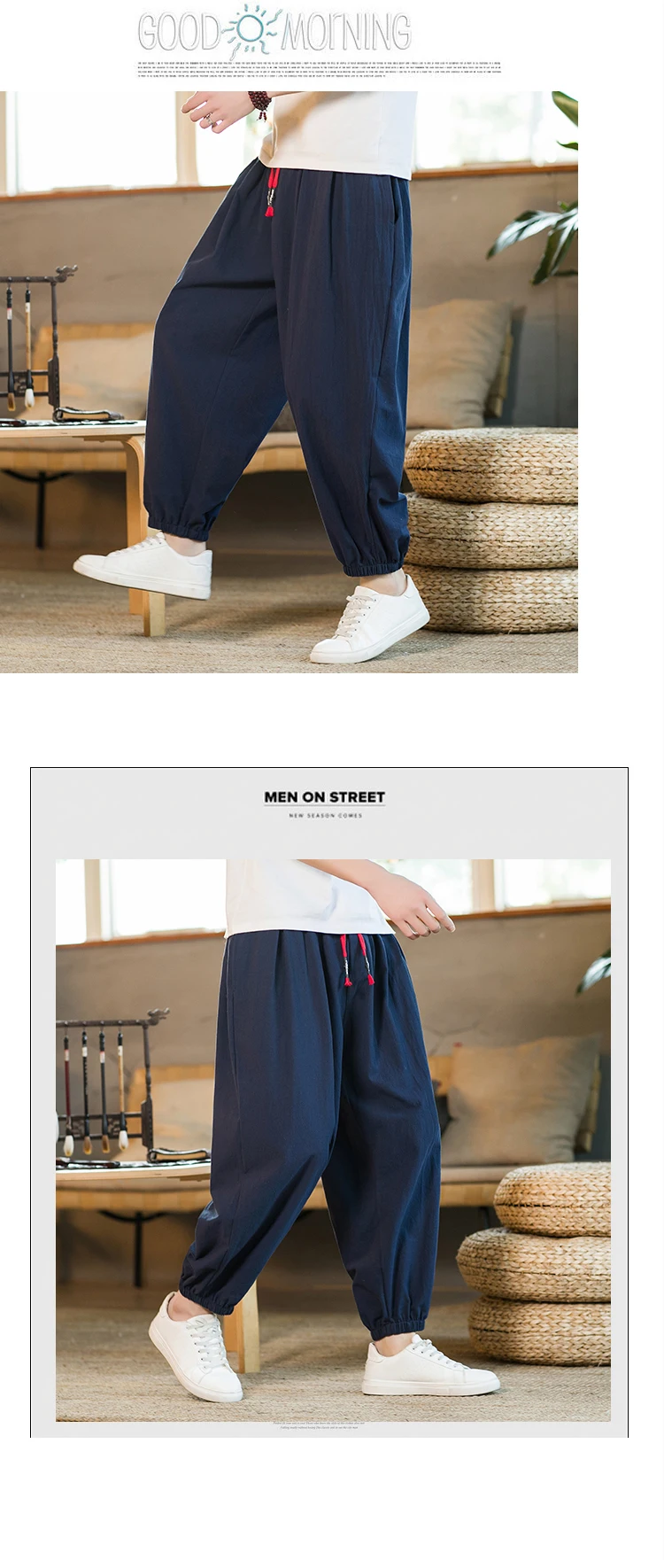 2024 M-5XL Spring and Autumn New Men's Cotton and Hemp Pants Loose Drawstring Lantern Pants Haren Pants Japanese Casual Pants