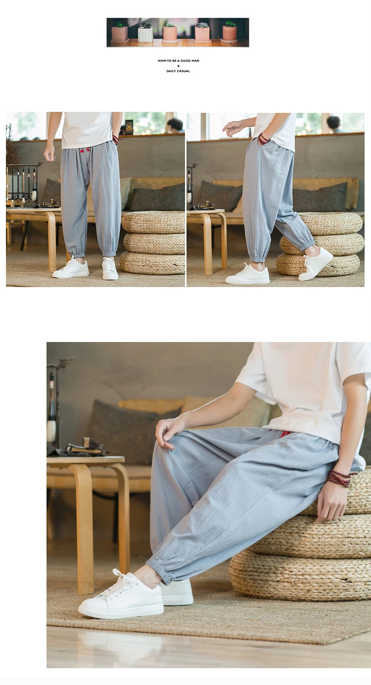 2024 M-5XL Spring and Autumn New Men's Cotton and Hemp Pants Loose Drawstring Lantern Pants Haren Pants Japanese Casual Pants