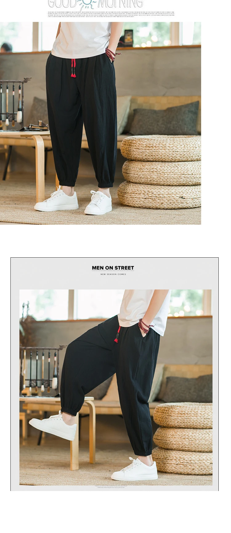 2024 M-5XL Spring and Autumn New Men's Cotton and Hemp Pants Loose Drawstring Lantern Pants Haren Pants Japanese Casual Pants
