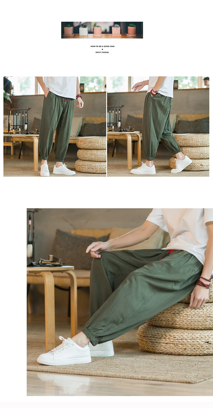 2024 M-5XL Spring and Autumn New Men's Cotton and Hemp Pants Loose Drawstring Lantern Pants Haren Pants Japanese Casual Pants