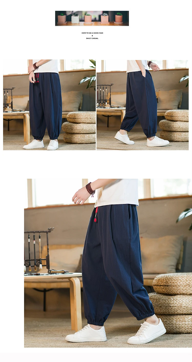 2024 M-5XL Spring and Autumn New Men's Cotton and Hemp Pants Loose Drawstring Lantern Pants Haren Pants Japanese Casual Pants