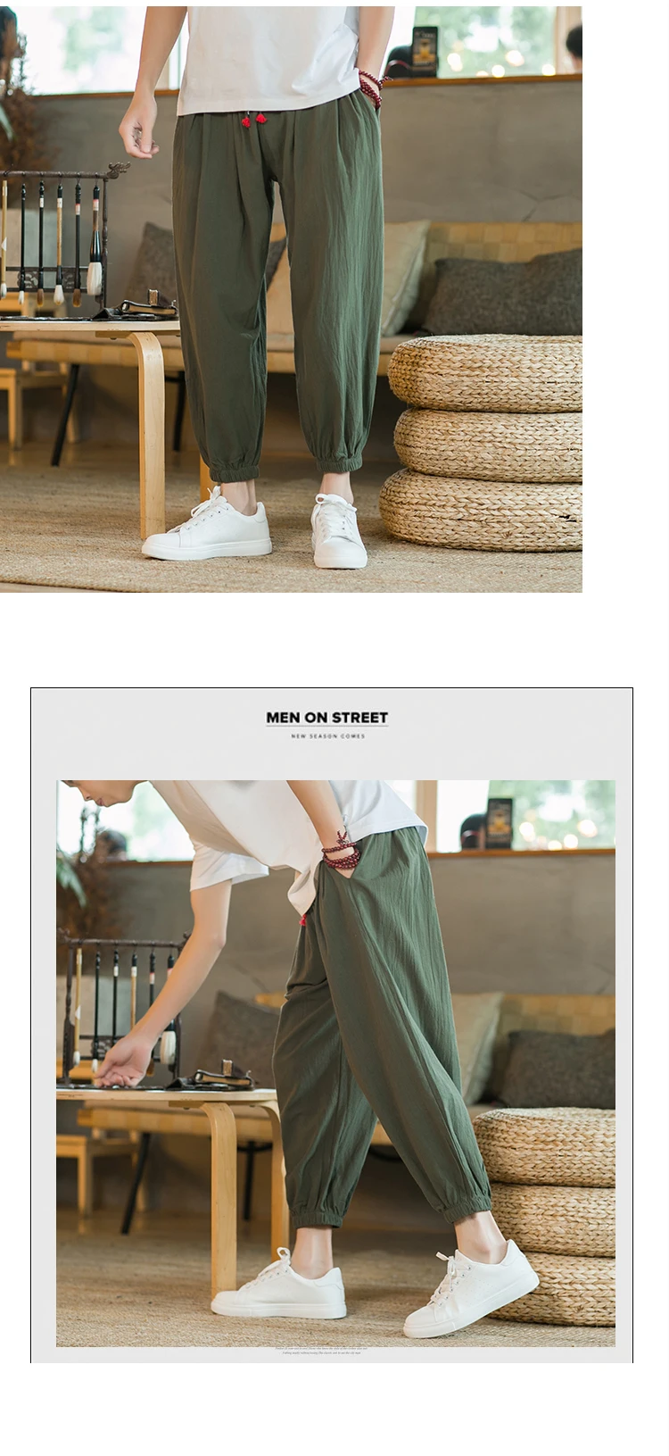 2024 M-5XL Spring and Autumn New Men's Cotton and Hemp Pants Loose Drawstring Lantern Pants Haren Pants Japanese Casual Pants