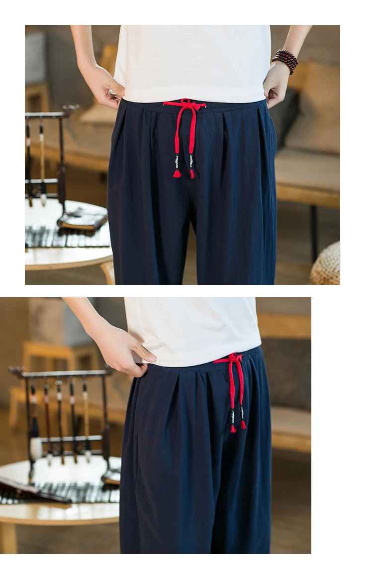 2024 M-5XL Spring and Autumn New Men's Cotton and Hemp Pants Loose Drawstring Lantern Pants Haren Pants Japanese Casual Pants