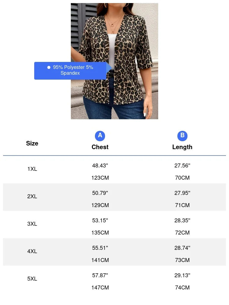 Plus Size Leopard Print Open Front Top 3/4 Sleeve Elegant Top For Spring & Fall Women's Plus Size Clothing
