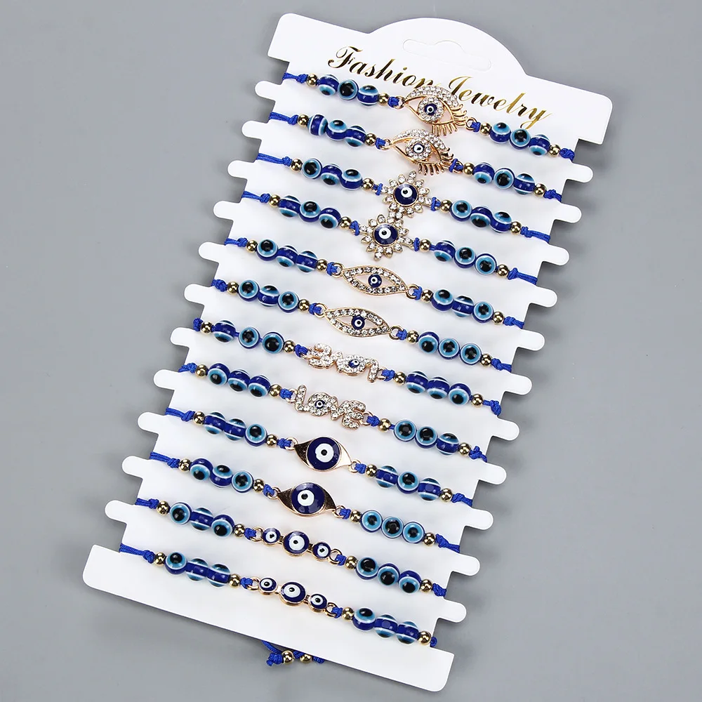12Pcs/card Fashion Simple Retro Geometric Sapphire Blue Beaded Devil's Eye Series Hand-Woven Bracelet Women