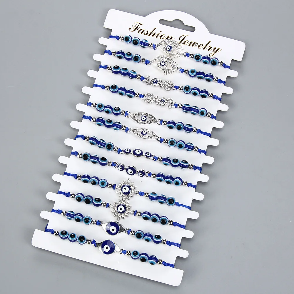 12Pcs/card Fashion Simple Retro Geometric Sapphire Blue Beaded Devil's Eye Series Hand-Woven Bracelet Women