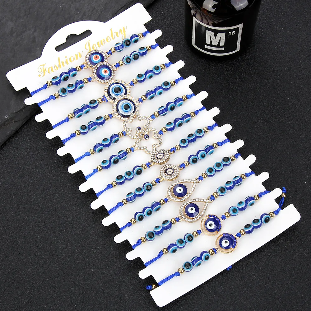 12Pcs/card Fashion Simple Retro Geometric Sapphire Blue Beaded Devil's Eye Series Hand-Woven Bracelet Women