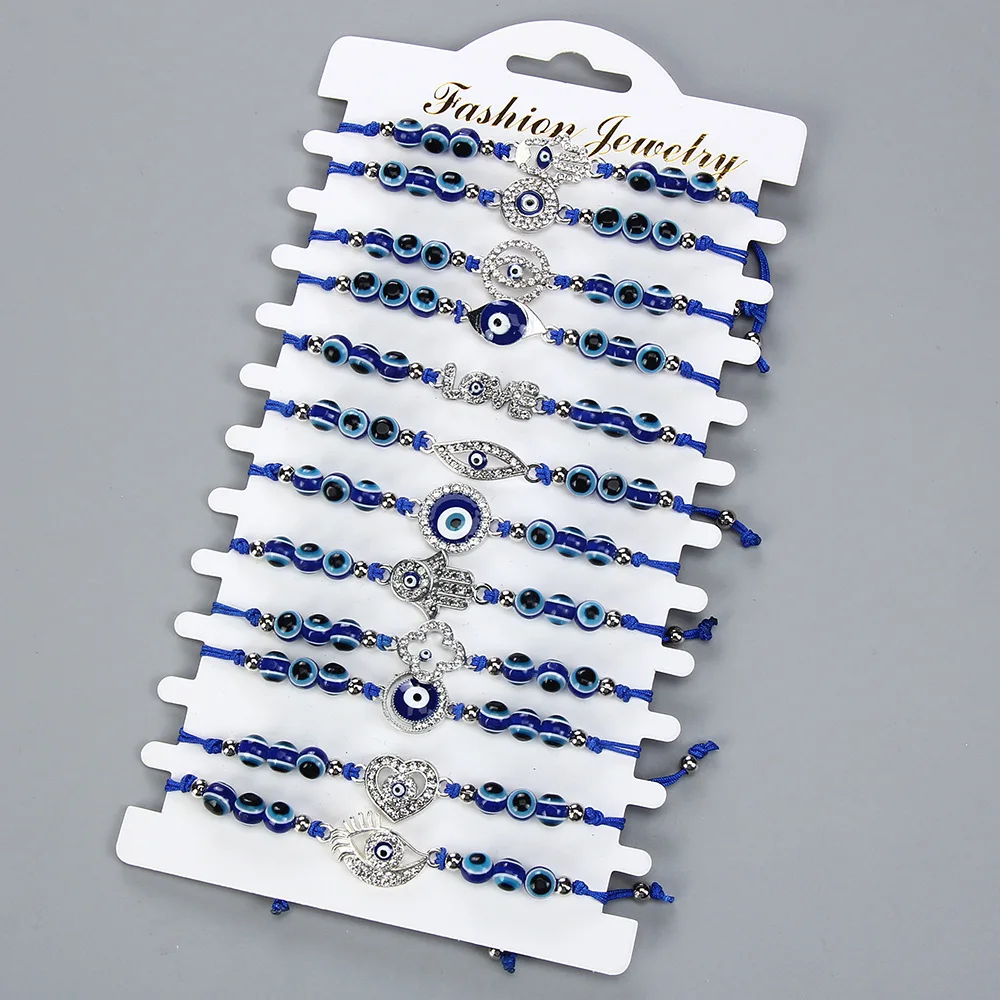 12Pcs/card Fashion Simple Retro Geometric Sapphire Blue Beaded Devil's Eye Series Hand-Woven Bracelet Women