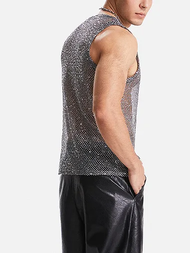 Men's Hollow Out Mesh Tank Tops Fashion Vests Tassel Sleeveless Streetwear Heavy Craft Perspective Sexy Performance Nightclub