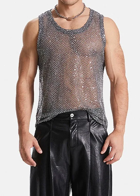 Men's Hollow Out Mesh Tank Tops Fashion Vests Tassel Sleeveless Streetwear Heavy Craft Perspective Sexy Performance Nightclub