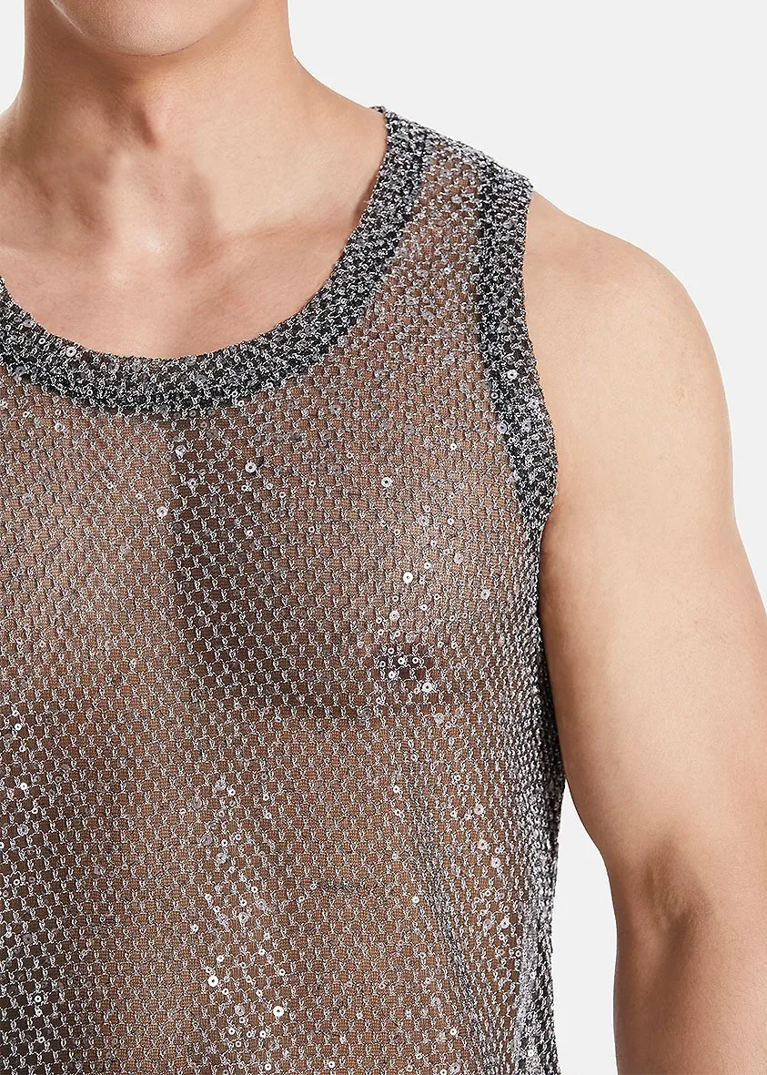 Men's Hollow Out Mesh Tank Tops Fashion Vests Tassel Sleeveless Streetwear Heavy Craft Perspective Sexy Performance Nightclub