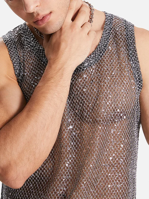 Men's Hollow Out Mesh Tank Tops Fashion Vests Tassel Sleeveless Streetwear Heavy Craft Perspective Sexy Performance Nightclub