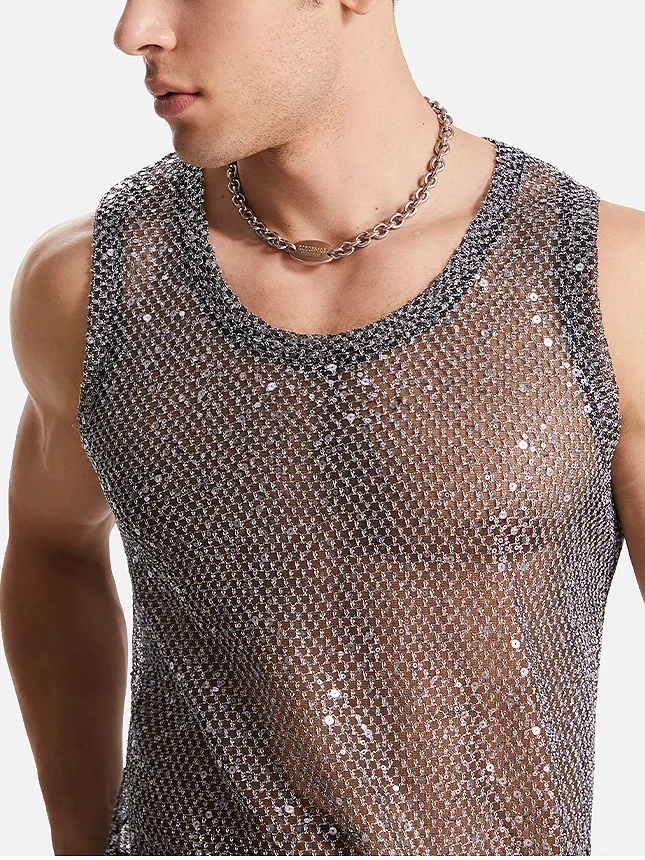 Men's Hollow Out Mesh Tank Tops Fashion Vests Tassel Sleeveless Streetwear Heavy Craft Perspective Sexy Performance Nightclub