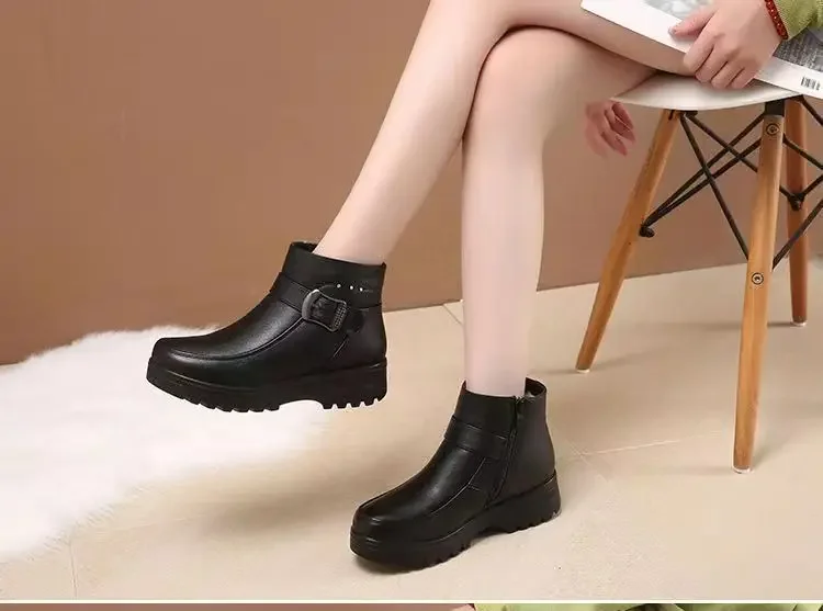 2024 Fashion Winter Women Pu Leather Ankle Boots Female Thick Plush Warm Snow Boots Mother Waterproof Non-slip Booties