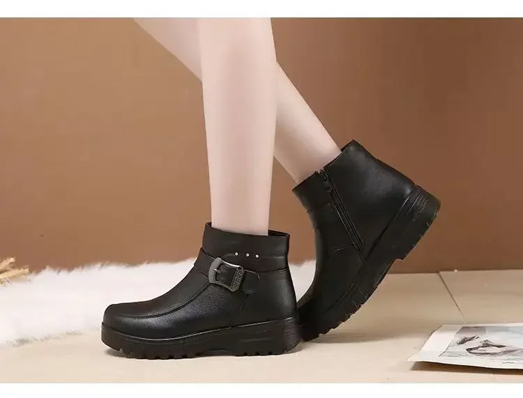 2024 Fashion Winter Women Pu Leather Ankle Boots Female Thick Plush Warm Snow Boots Mother Waterproof Non-slip Booties