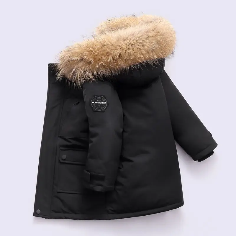 Boys Thickened Coat Thicken Winter Warm Jackets Children's Hooded Cotton Outerwear New Teenagers Large Fur Collar Clothing
