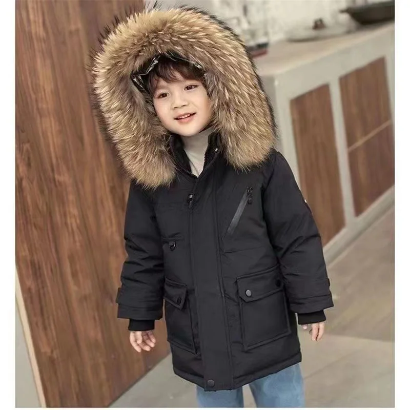 Boys Thickened Coat Thicken Winter Warm Jackets Children's Hooded Cotton Outerwear New Teenagers Large Fur Collar Clothing