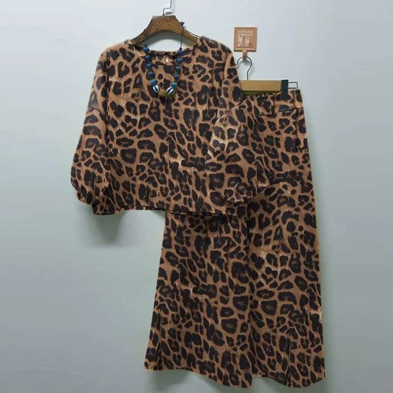 ZANZEA Fashion Leopard Print Pant Sets Women Lantern Sleeve Blouse Wide Leg Trouser 2pcs Outfits Autumn Streetwear 2-Piece Sets