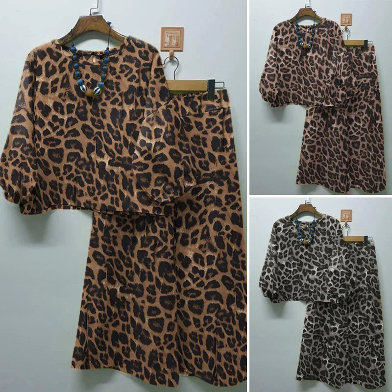 ZANZEA Fashion Leopard Print Pant Sets Women Lantern Sleeve Blouse Wide Leg Trouser 2pcs Outfits Autumn Streetwear 2-Piece Sets