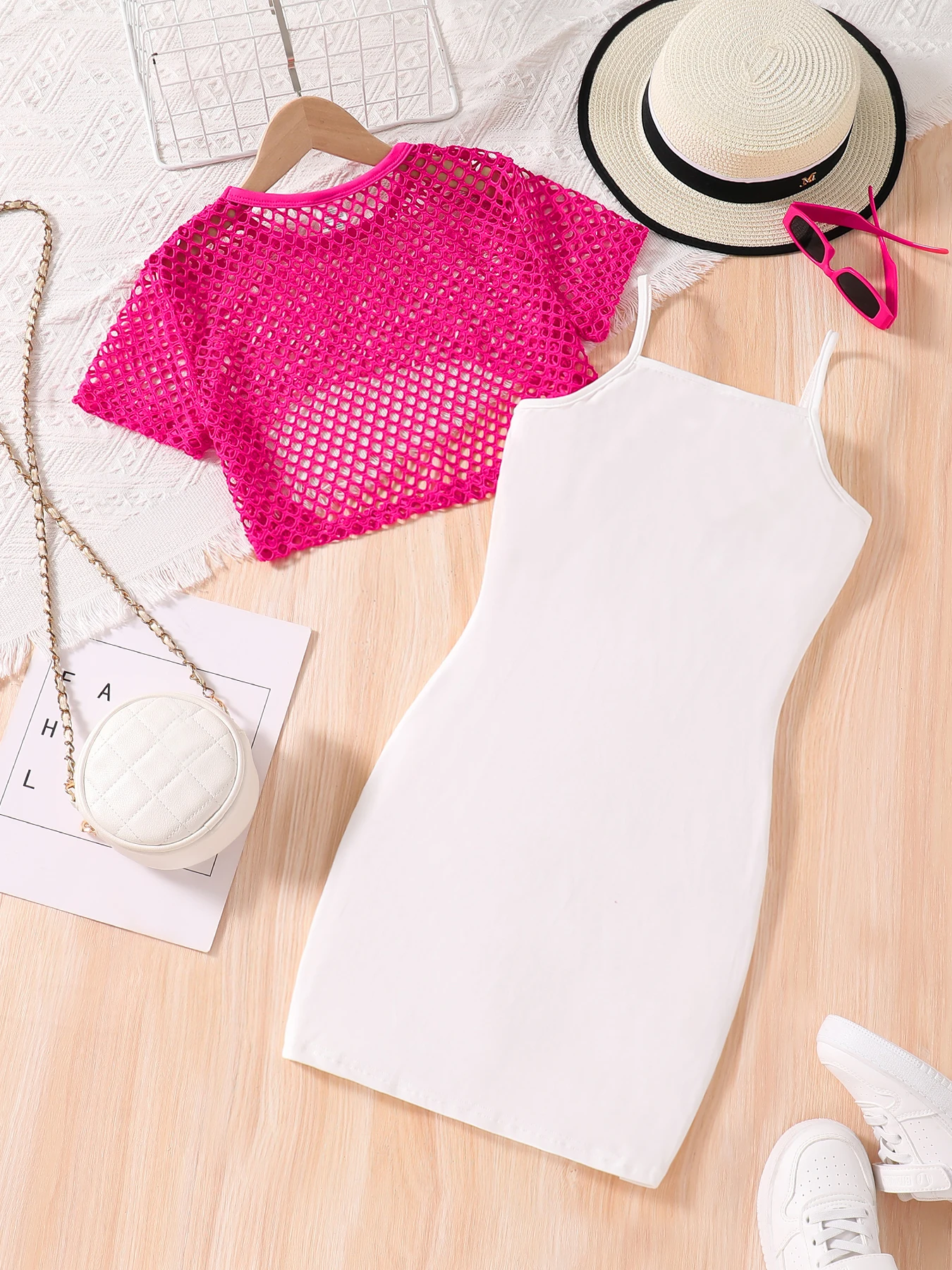 Summer girls' fashion dress two-piece set, white letter printed suspender dress, mesh short sleeved top