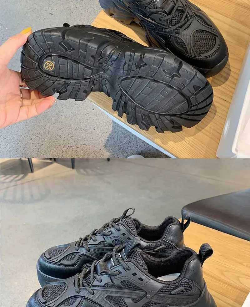 2024 New Summer Black Chunky Casual Sneakers Women New Fashion Platform Sport Shoes Mesh Leather Platform Shoes