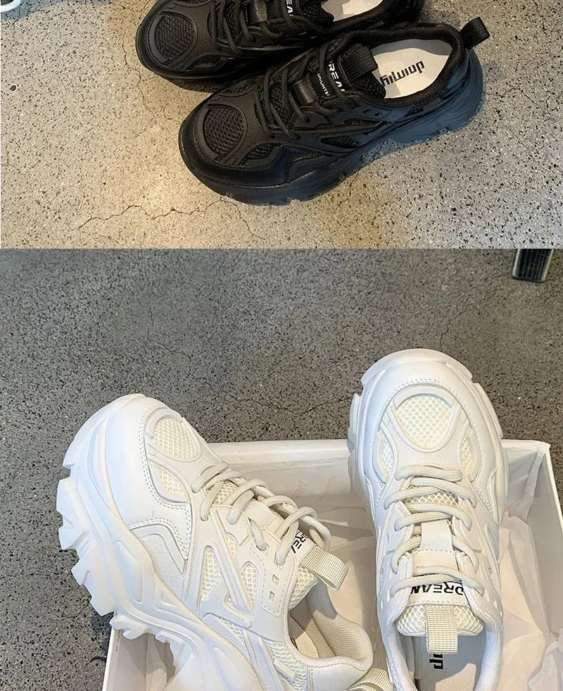 2024 New Summer Black Chunky Casual Sneakers Women New Fashion Platform Sport Shoes Mesh Leather Platform Shoes