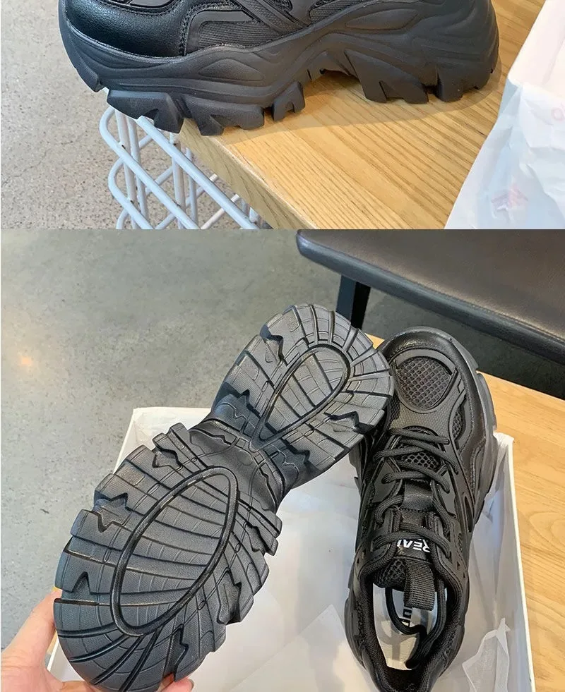 2024 New Summer Black Chunky Casual Sneakers Women New Fashion Platform Sport Shoes Mesh Leather Platform Shoes