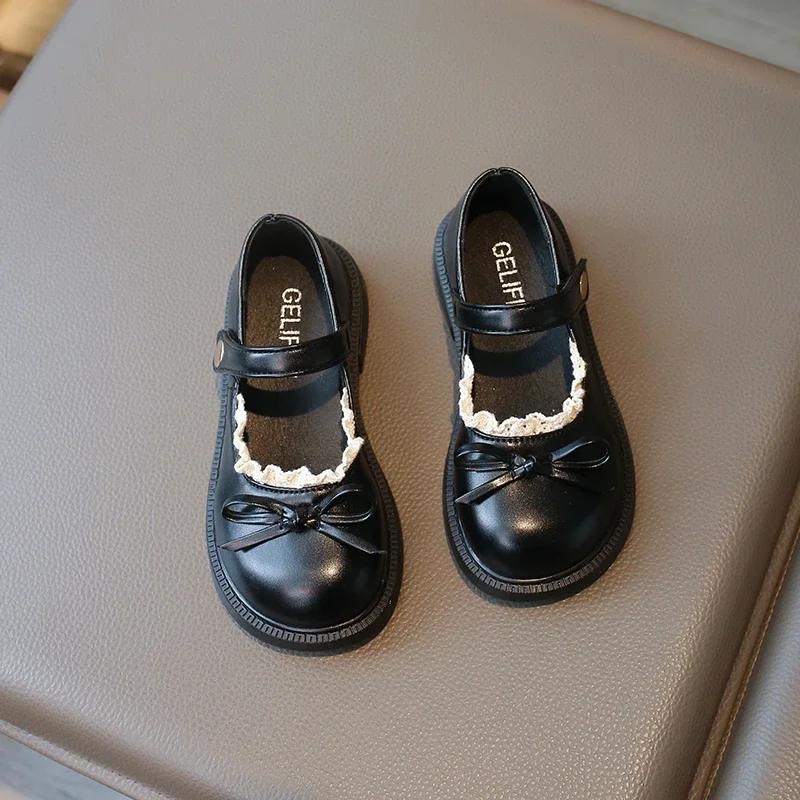 New Girls Princess Leather Shoes Black Lolita Children's Flats Sweet Chic Lace Kids Causal Shoes School Soft Bottom Versatile