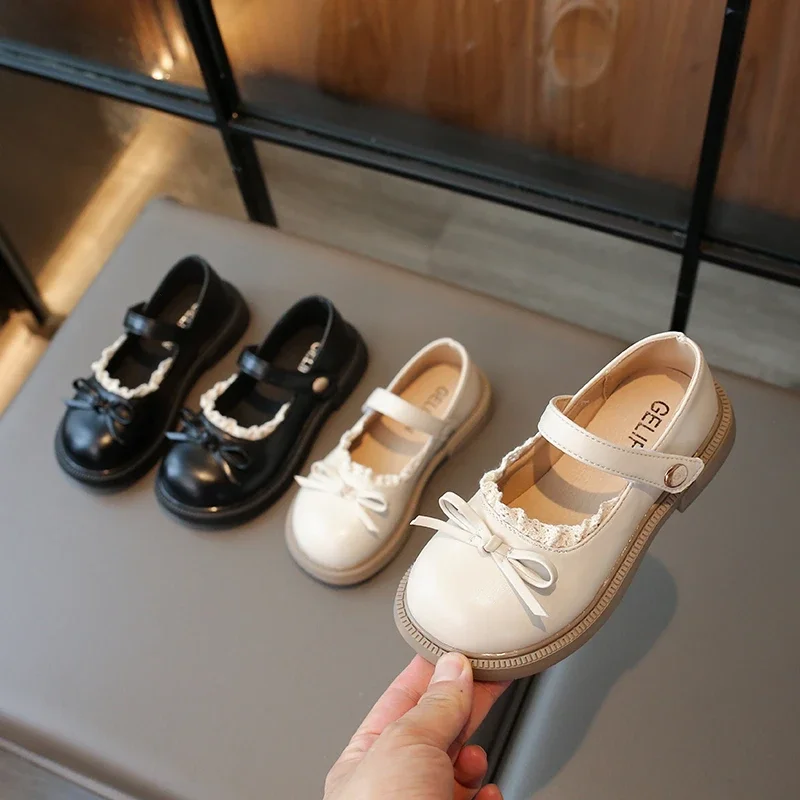 New Girls Princess Leather Shoes Black Lolita Children's Flats Sweet Chic Lace Kids Causal Shoes School Soft Bottom Versatile