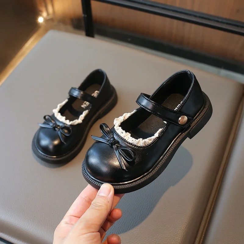 New Girls Princess Leather Shoes Black Lolita Children's Flats Sweet Chic Lace Kids Causal Shoes School Soft Bottom Versatile