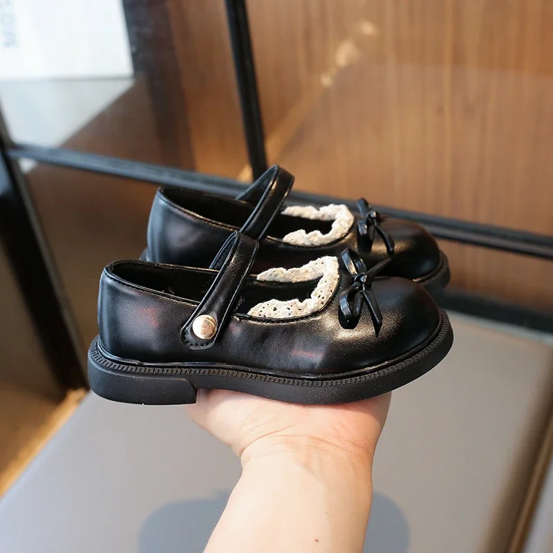 New Girls Princess Leather Shoes Black Lolita Children's Flats Sweet Chic Lace Kids Causal Shoes School Soft Bottom Versatile
