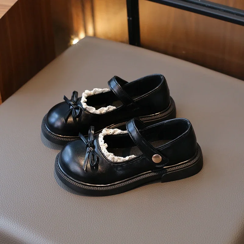 New Girls Princess Leather Shoes Black Lolita Children's Flats Sweet Chic Lace Kids Causal Shoes School Soft Bottom Versatile