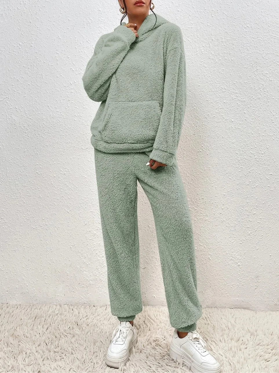 Autumn Winter Fashion Women Casual Hooded Sweatshirt Leg Pants 2 Piece Set Warm Furry Plush Trousers Suit Female Outfit
