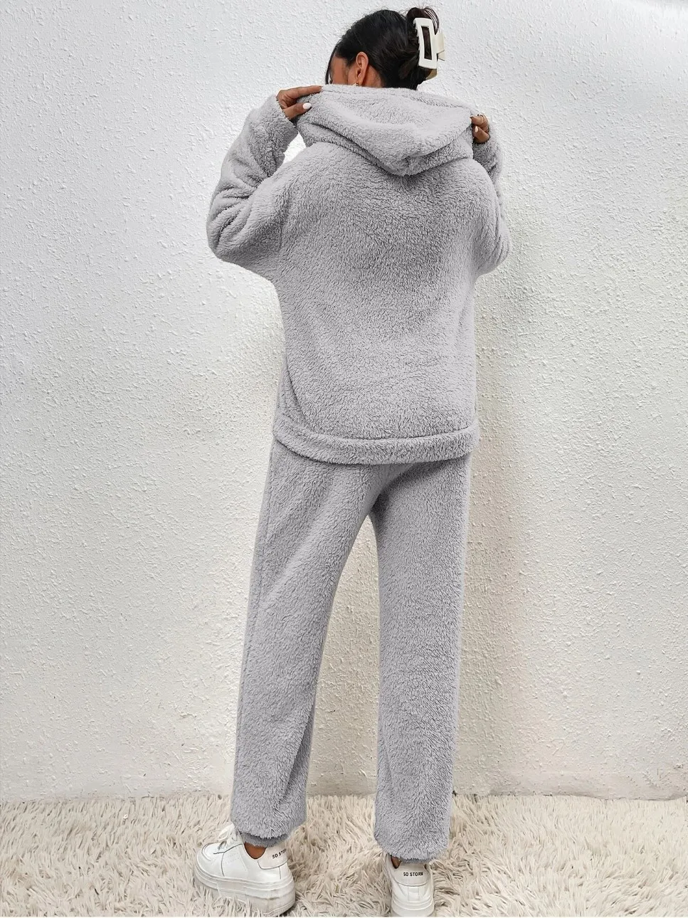Autumn Winter Fashion Women Casual Hooded Sweatshirt Leg Pants 2 Piece Set Warm Furry Plush Trousers Suit Female Outfit