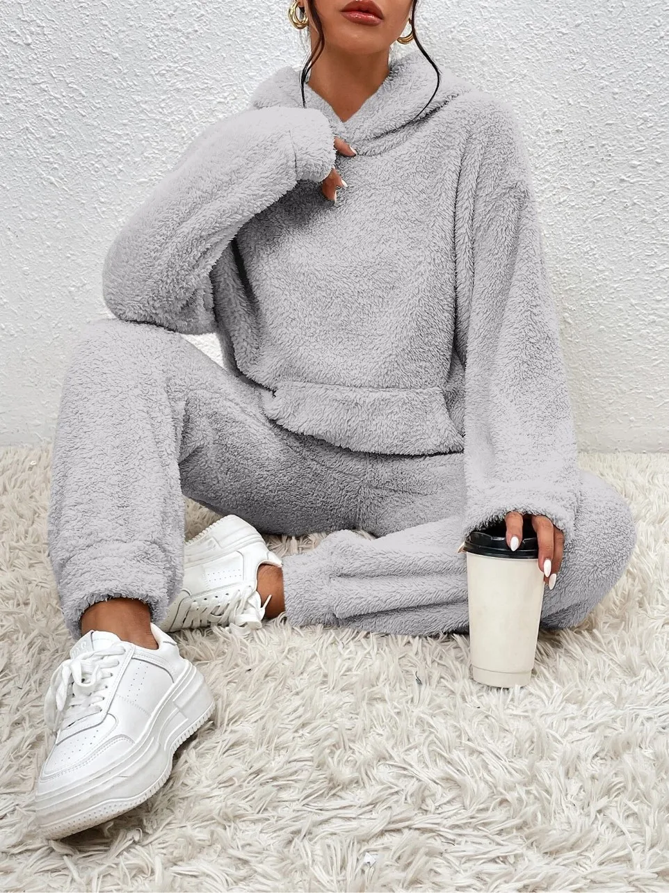 Autumn Winter Fashion Women Casual Hooded Sweatshirt Leg Pants 2 Piece Set Warm Furry Plush Trousers Suit Female Outfit