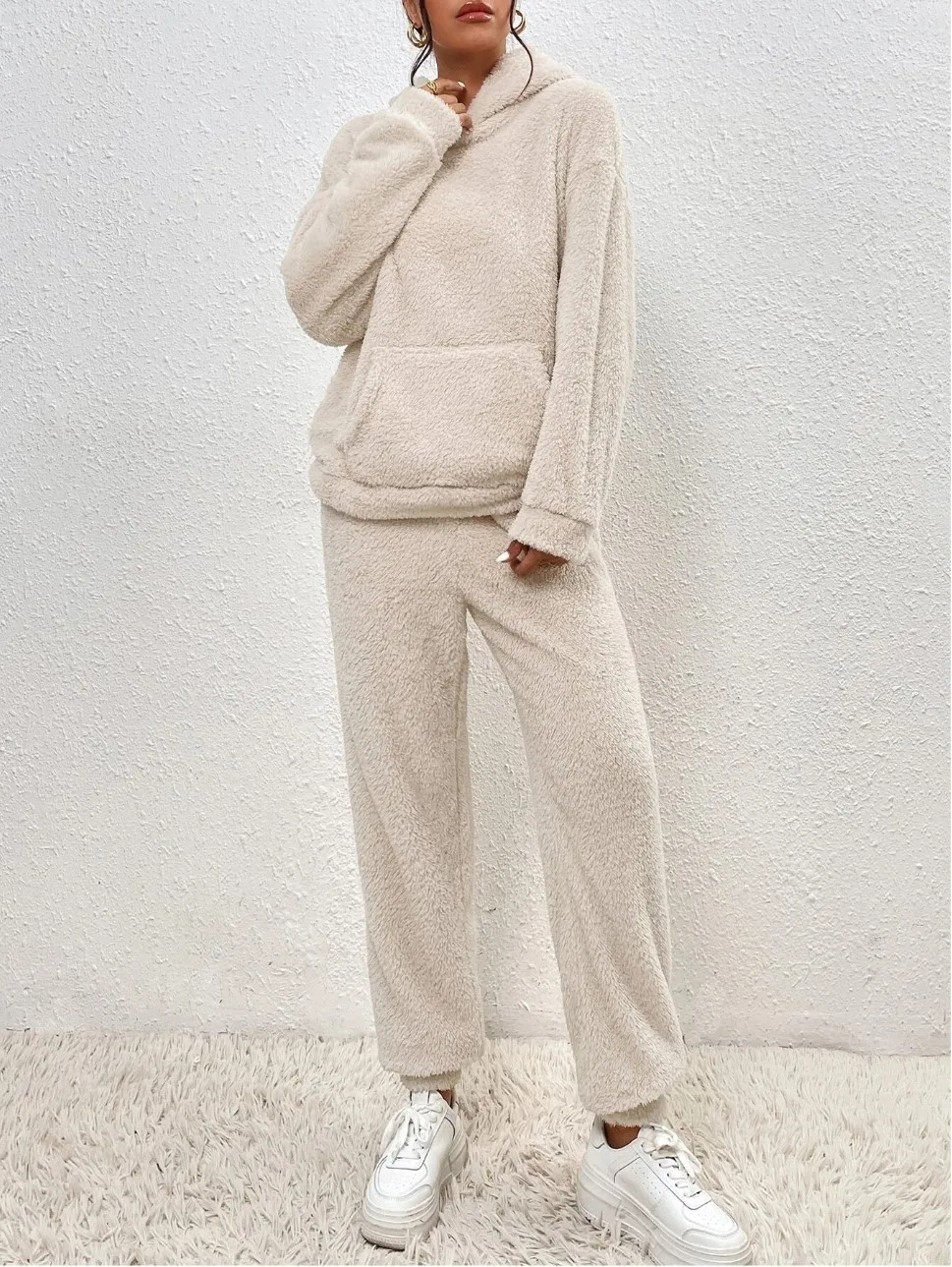 Autumn Winter Fashion Women Casual Hooded Sweatshirt Leg Pants 2 Piece Set Warm Furry Plush Trousers Suit Female Outfit