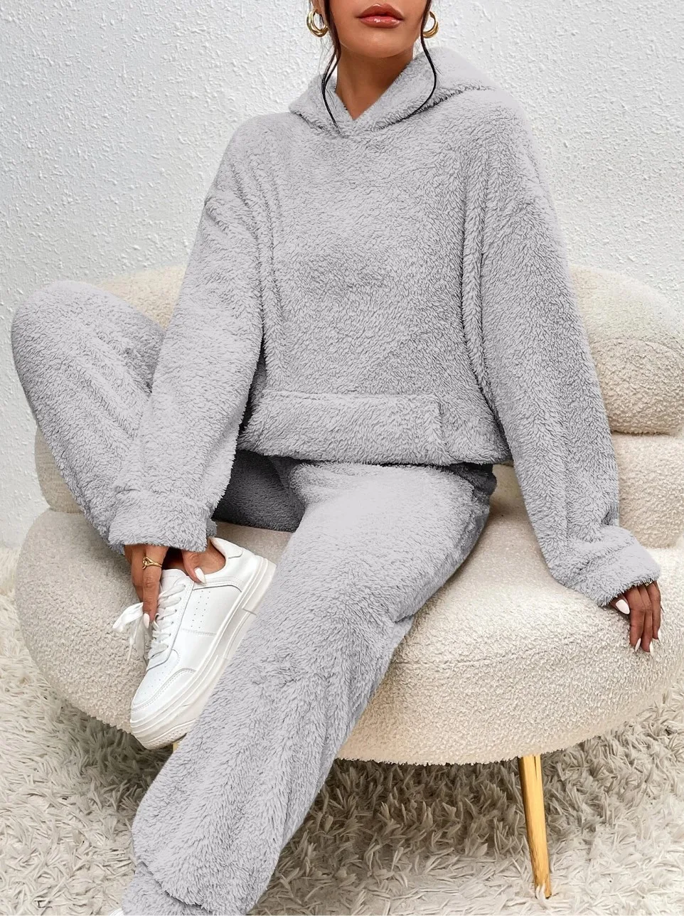 Autumn Winter Fashion Women Casual Hooded Sweatshirt Leg Pants 2 Piece Set Warm Furry Plush Trousers Suit Female Outfit