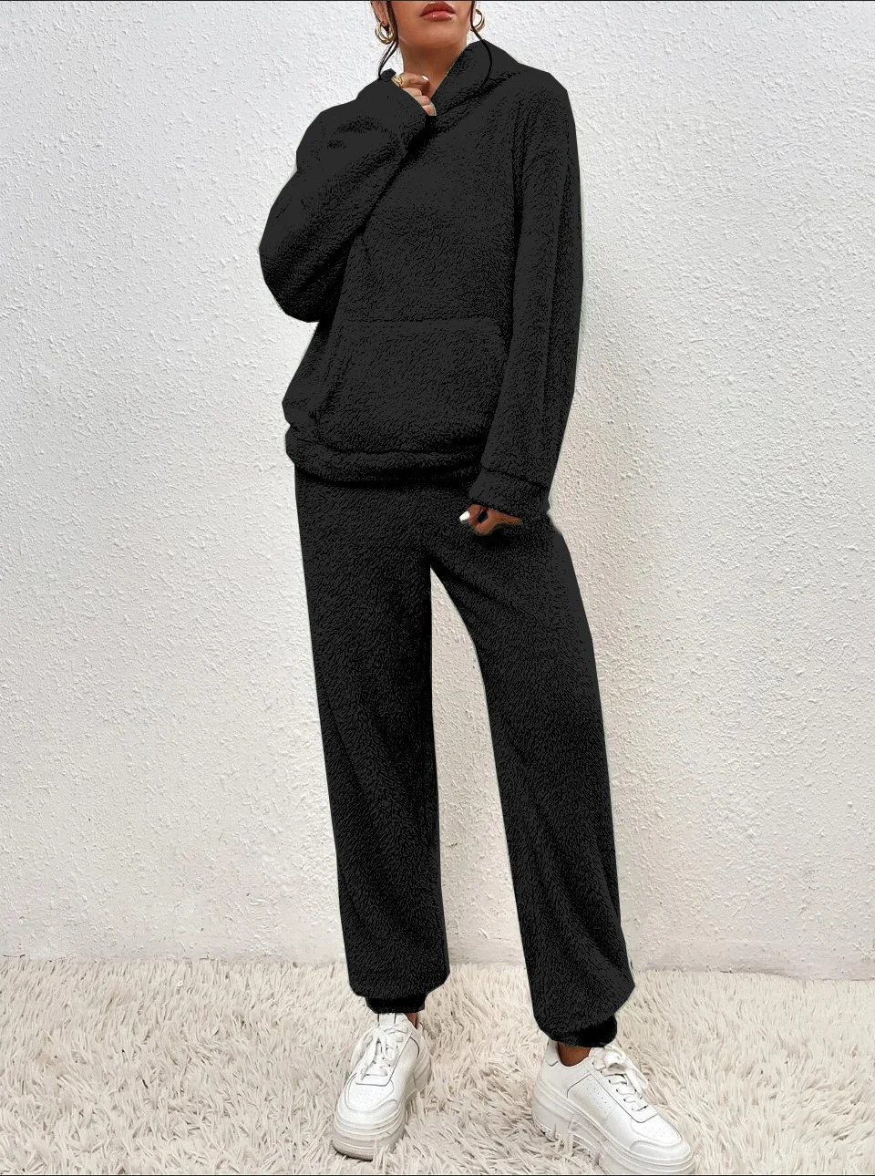 Autumn Winter Fashion Women Casual Hooded Sweatshirt Leg Pants 2 Piece Set Warm Furry Plush Trousers Suit Female Outfit