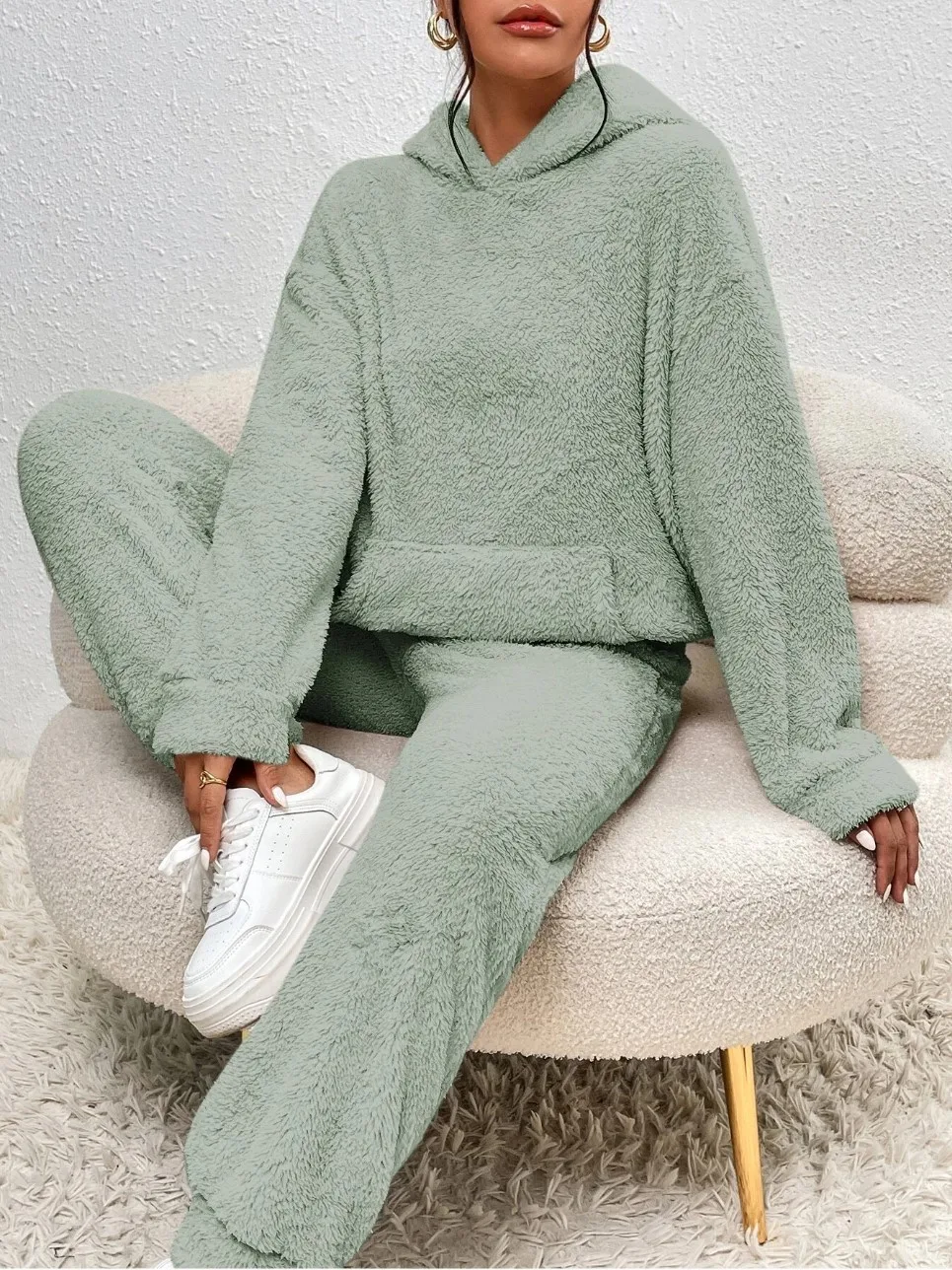 Autumn Winter Fashion Women Casual Hooded Sweatshirt Leg Pants 2 Piece Set Warm Furry Plush Trousers Suit Female Outfit